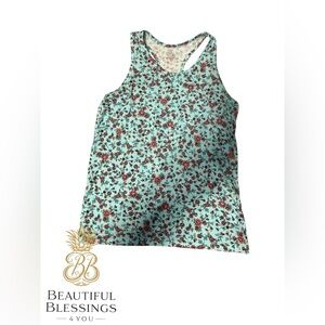 Children’s Place Floral Racerback Tank in Mint with Red & Pink Blooms - Size Lg